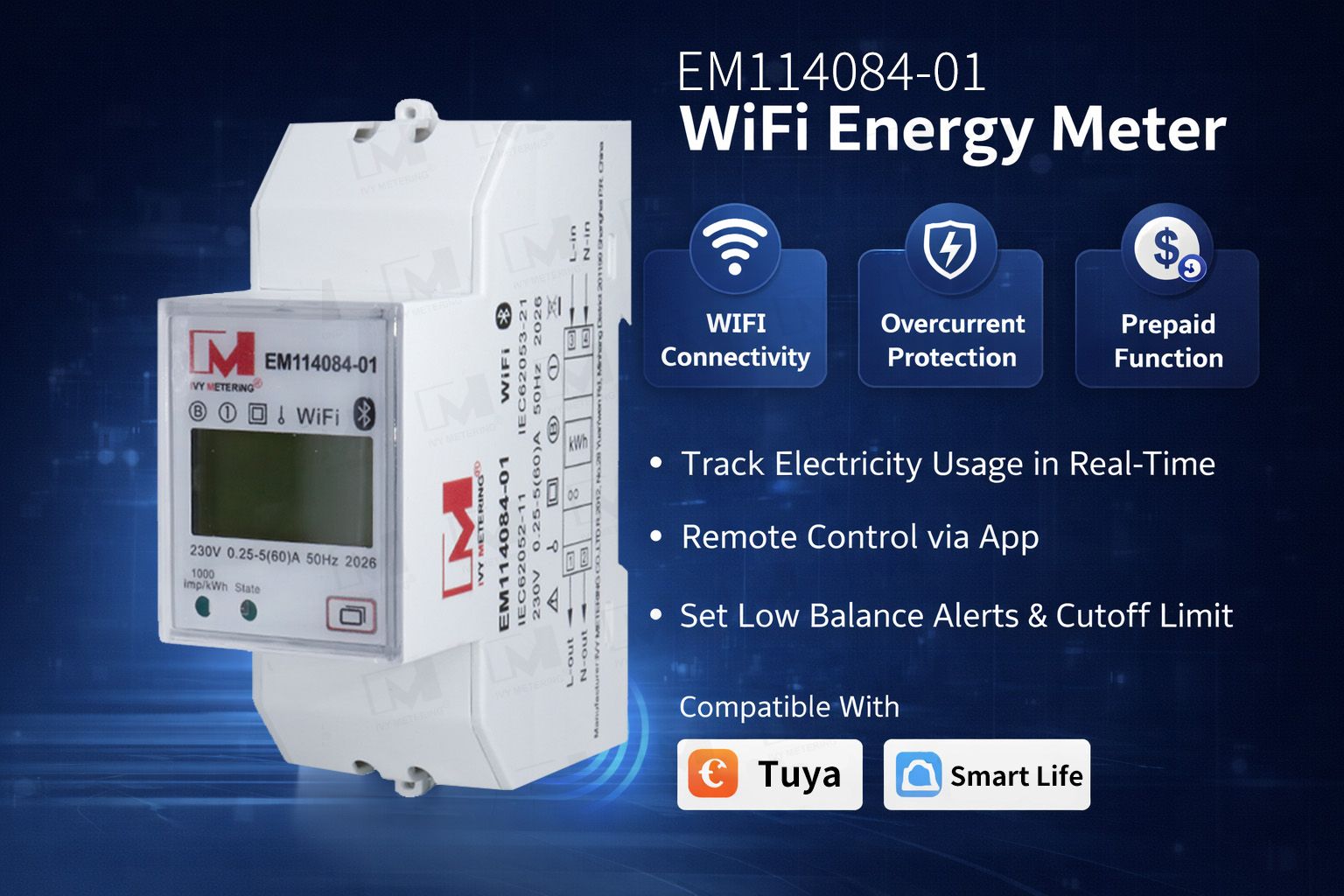 EM114084-01 Single Phase DIN Rail WiFi Smart Energy Meter with Prepaid & Remote Control