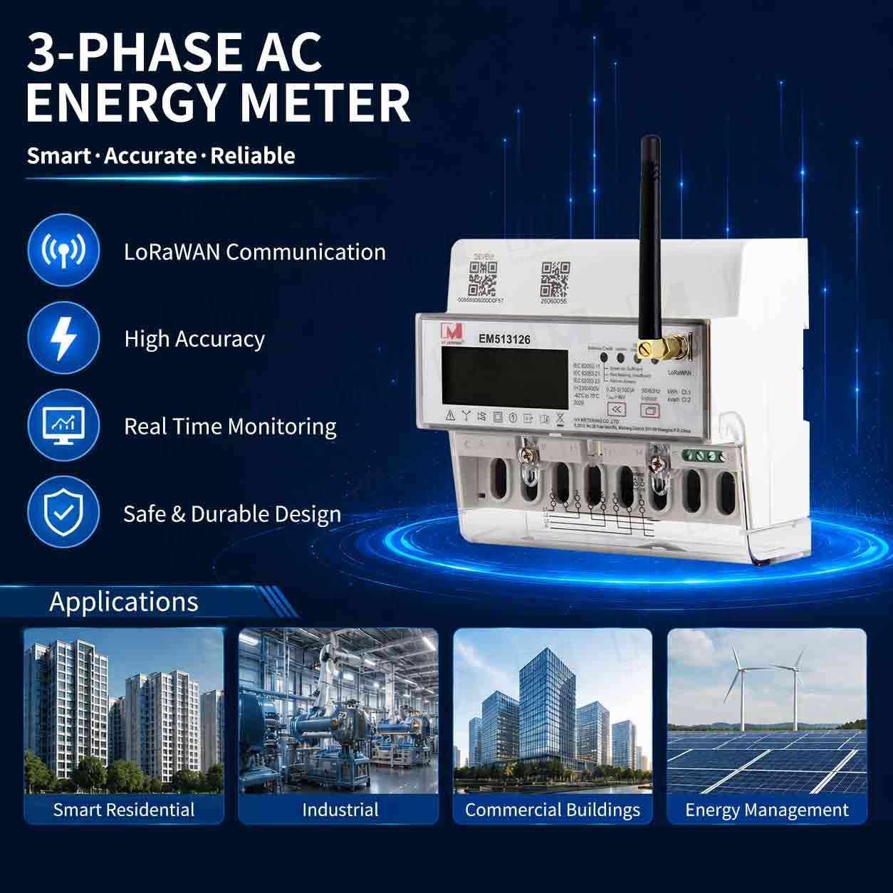 EM513126 Three Phase LoRaWAN DIN Rail Energy Meter Non-Relay Version