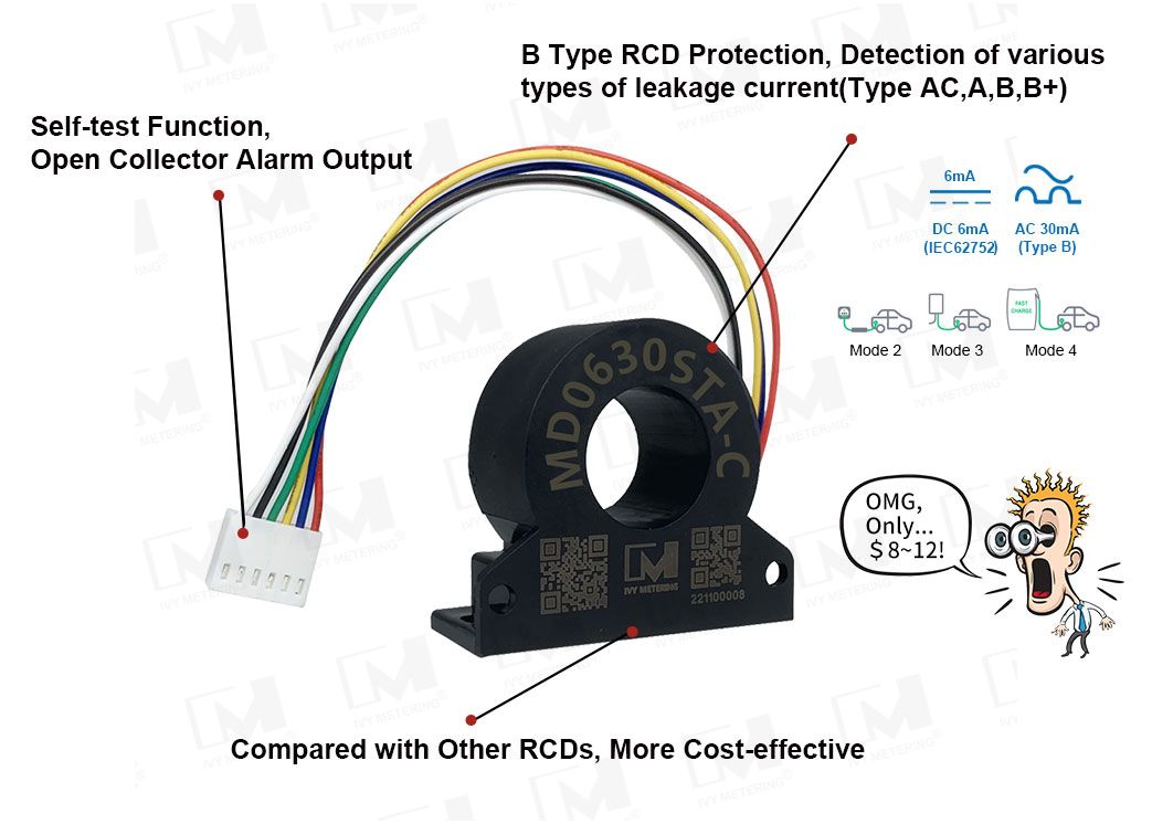 MD0630STA-C Self-testing PV RCD 6mA DC 10mA 30mA 100mA AC Ground Fault Detection Leakage Current Sensor