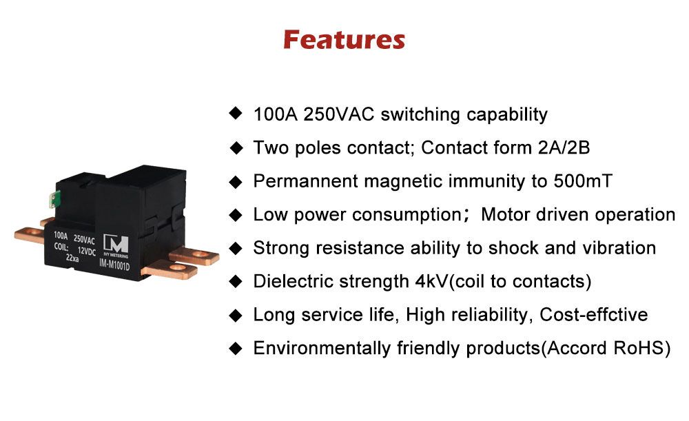 IM-M1001D 100A 250VAC 12V Magnet Immunity 500mt Miniature 2 Pole Solar Latching Relay