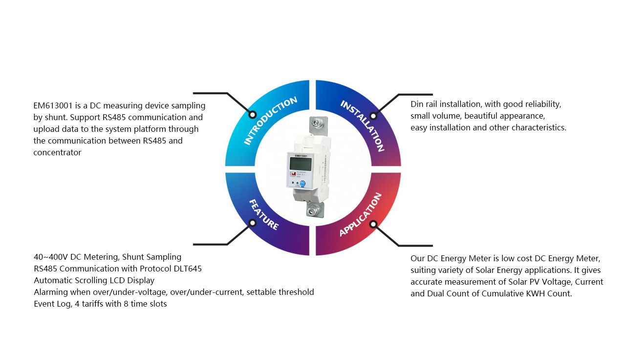 EM613001 Multi-tariff Din Rail 200A PV 40-400VDC Digital RS485 DC Solar Power Meter with Shunt