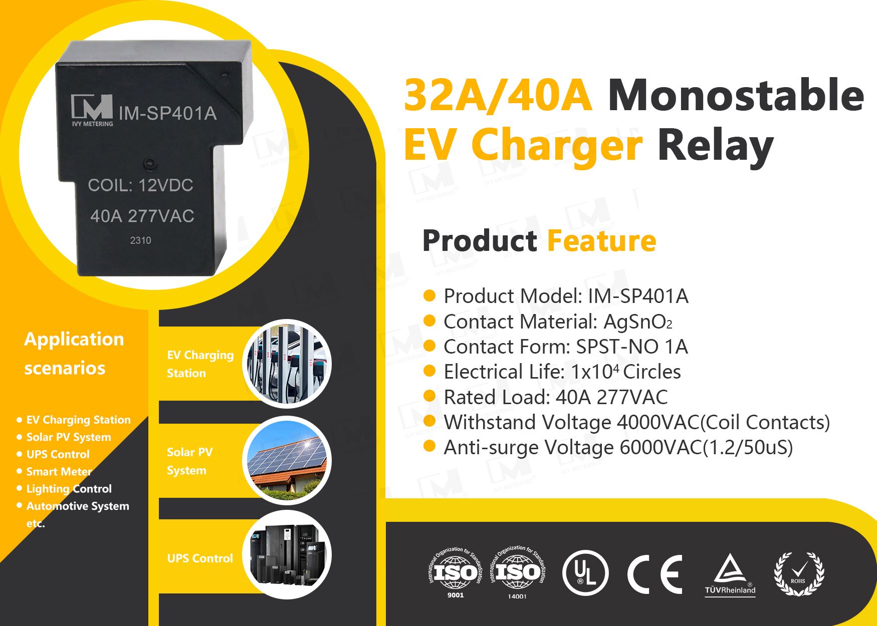 IM-SP401A 32A 40A 277VAC 12V Single Pole Non Latching SPST-NO Miniature Power Relay for Solar Application