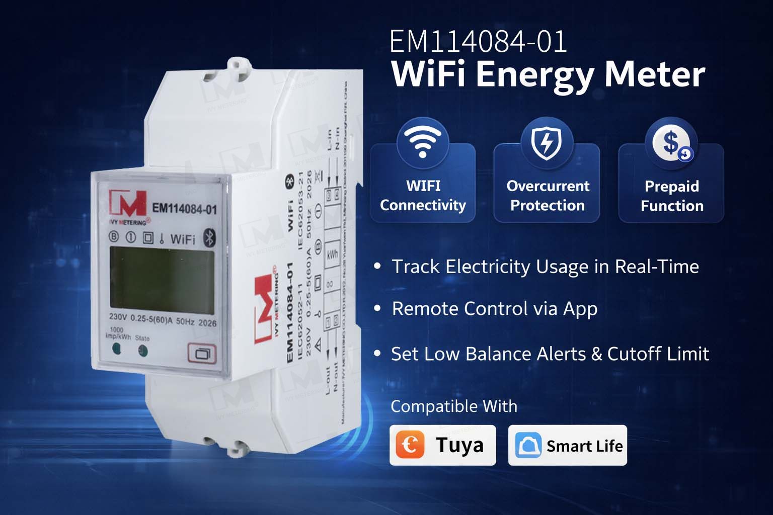 EM114084-01 Single Phase DIN Rail WiFi Smart Energy Meter with Prepaid