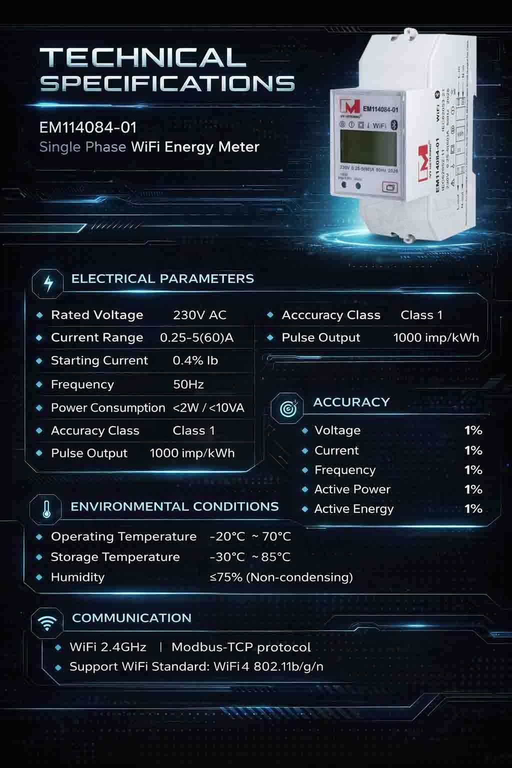 EM114084-01 Single Phase DIN Rail WiFi Smart Energy Meter with Prepaid