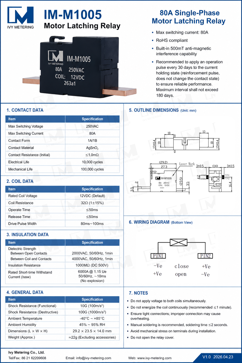 IM-M1005 80A 250VAC 1P Single-Phase Motor Latching Relay
