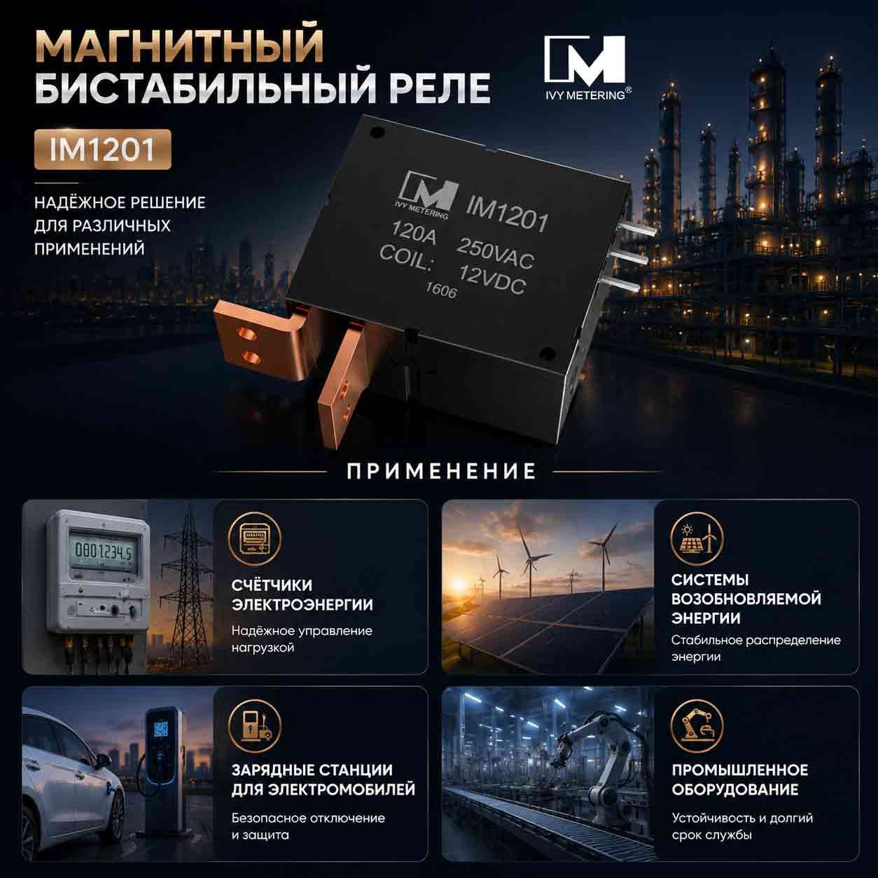 Магнитное бистабильное реле IM1201 120А 250VAC для умных электросчётчиков Магнитное бистабильное реле IM1201 120А 250VAC для умных электросчётчиков
